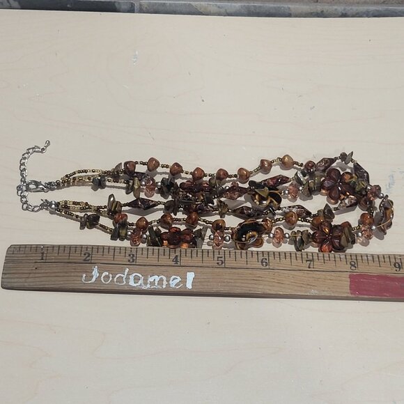 Multi Strand Beaded Necklace Brown Amber Bronze Beads - Picture 8 of 10